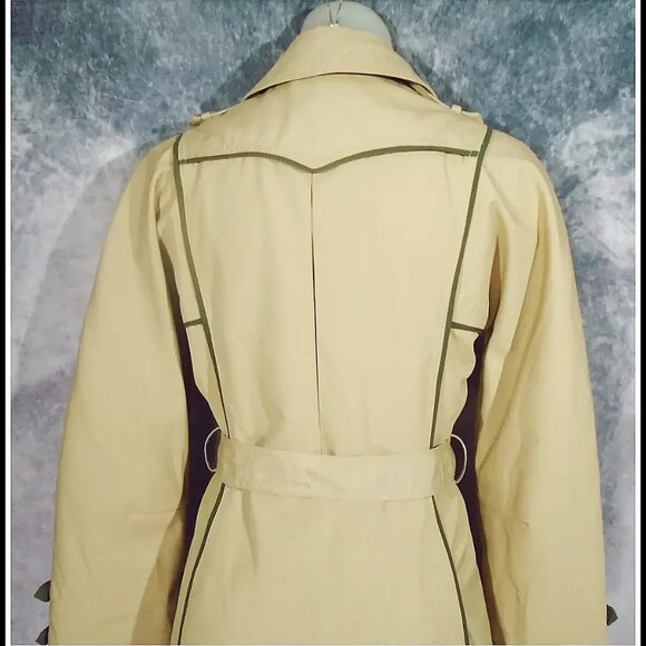 MOD Vintage Khaki Trench Coat Geometric Lines Raincoat VFG, Unique Styling - Picture 6 of 14